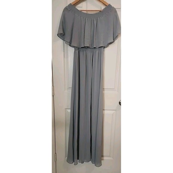Show Me Your Mumu Maxi Dress Medium Blue Fluter Off Shoulder Lined Elastic Waist - Picture 2 of 7